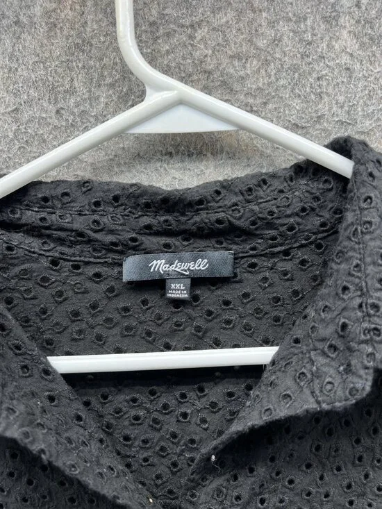 Madewell Blouse Womens XXL Black Eyelet Button Front Flutter Sleeve Cropped - Picture 2 of 10